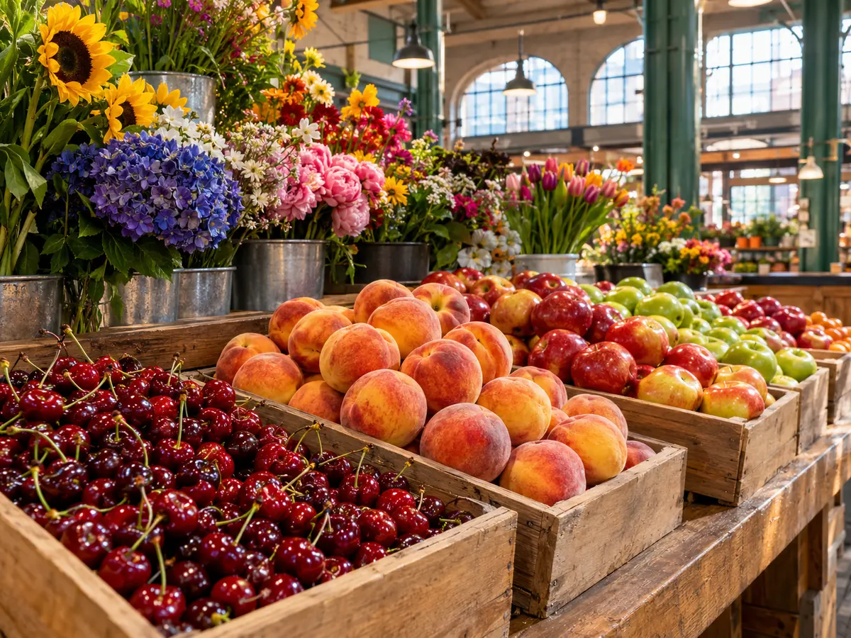 Kisten mit Kirschen, Pfirsichen und Äpfeln neben Eimern voller Blumen in einer Markthalle